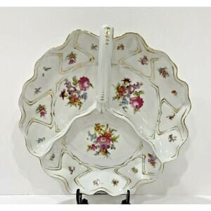Vintage porcelain center handle server bowl 3-part vegie display white & floral
